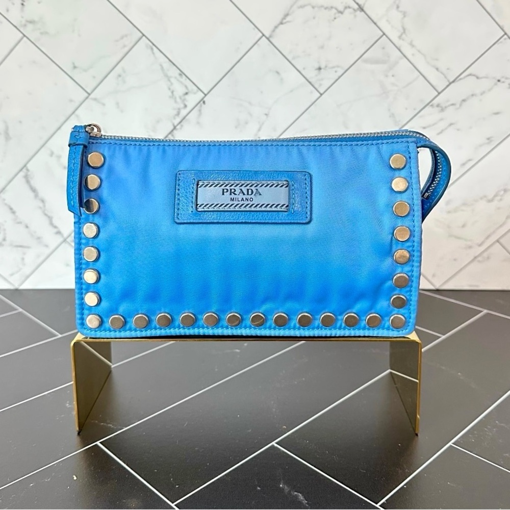 Prada - Re/Nylon Tessuto Etiquette Accessories Pouch | Blue - Silver Studded